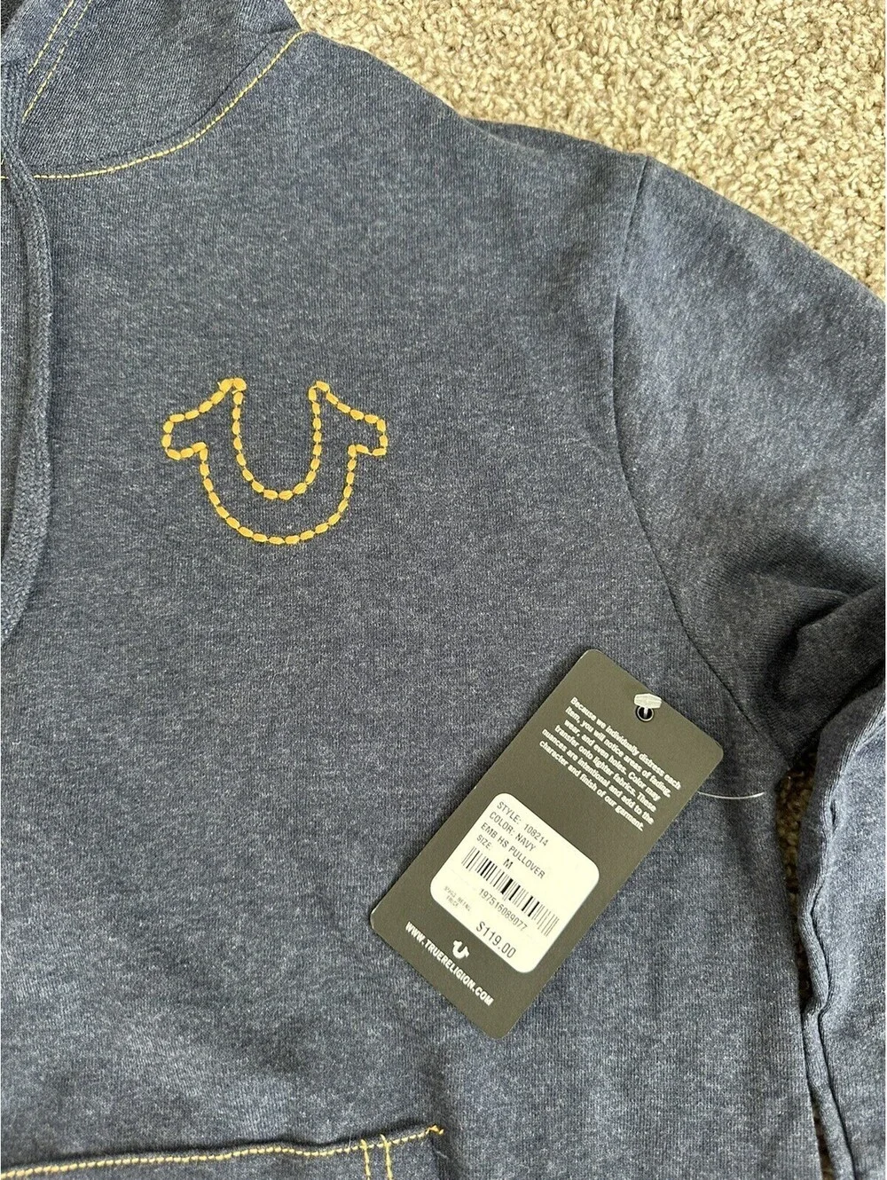 True Religion Hoodie Men's Navy EMB HS Pullover Logo Stitched Size Medium $119